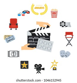 Set of cinema icons. Flat vector cartoon illustration. Objects isolated on a white background.