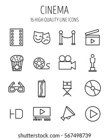 Set of cinema icons in modern thin line style. High quality black outline movie symbols for web site design and mobile apps. Simple cinema pictograms on a white background.