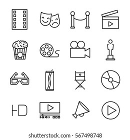Set of cinema icons in modern thin line style. High quality black outline movie symbols for web site design and mobile apps. Simple cinema pictograms on a white background.