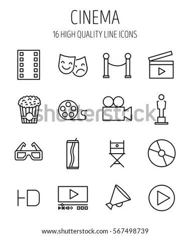 Set of cinema icons in modern thin line style. High quality black outline movie symbols for web site design and mobile apps. Simple cinema pictograms on a white background.