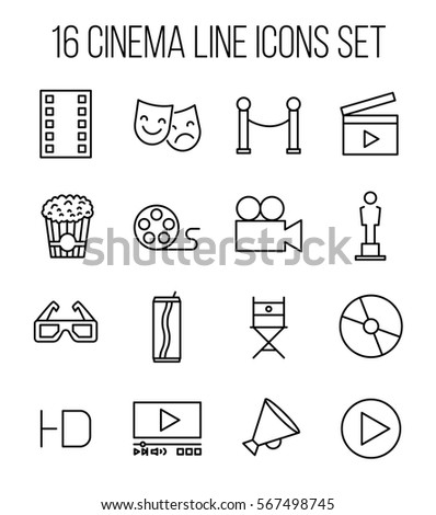 Set of cinema icons in modern thin line style. High quality black outline movie symbols for web site design and mobile apps. Simple cinema pictograms on a white background.
