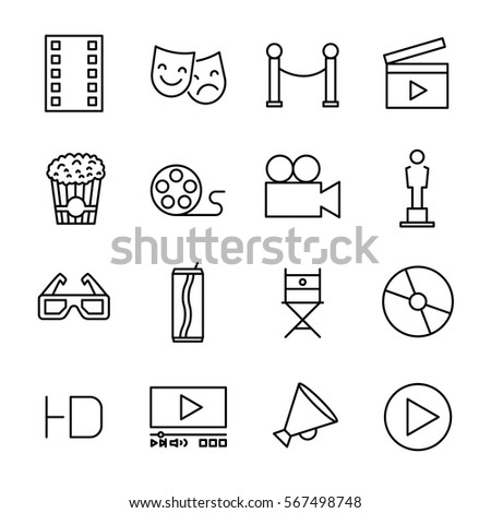 Set of cinema icons in modern thin line style. High quality black outline movie symbols for web site design and mobile apps. Simple cinema pictograms on a white background.