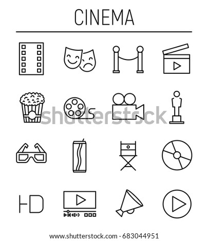 Set of cinema icons in modern thin line style. High quality black outline movie symbols for web site design and mobile apps. Simple cinema pictograms on a white background.