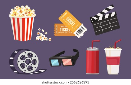 Set of cinema icons popcorn, carbonated drinks, soda, tickets, 3D glasses, cinema film, clapper Time in the cinema. Vector images. Isolated	