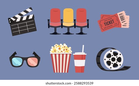 Set of cinema icons with popcorn, carbonated drink, tickets, 3D glasses, film and clapper. Time in cinema. Vector images. Isolated