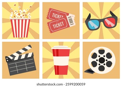 Set of cinema icons with popcorn, carbonated drink, tickets, 3D glasses, film reel and clapper. Time in cinema. Vector images in flat style. 