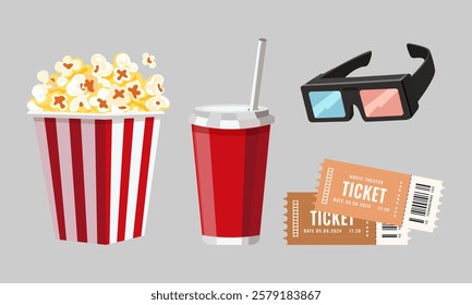 Set of cinema icons with popcorn, drink glass and straw, tickets and 3d glasses. Time in the cinema. Vector image. Isolated