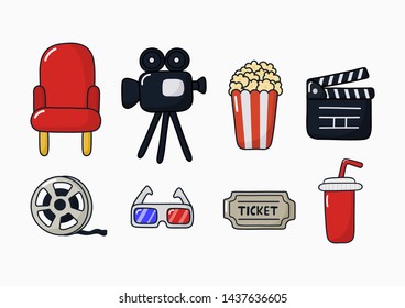 set of cinema icons signs and symbols collection for websites isolated on white background. illustration vector.