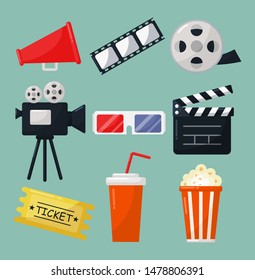 set of cinema icons signs and symbols collection for websites isolated on blue background. illustration vector.