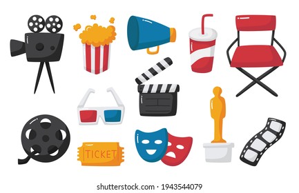 set of cinema icons signs and symbols collection for websites isolated on white background. illustration vector.