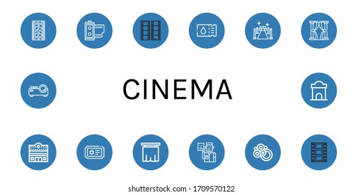 Set Of Cinema Icons. Such As Film Strip, Film Roll, Film, Ticket, Red Carpet, Theatre, Cinema, Curtain, Actor, Carpet, Projector, Ticket Office , Cinema Icons