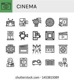 Set of cinema icons such as Visual, Red carpet, Home movie camera, Cinema camera, Film, Entertainment, Entrance, Movie camera, Video Art, Clapperboard, Video , cinema