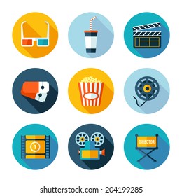 Set Of Cinema Icons. Vector Cinema And Movie Stuff In Flat Modern Style.