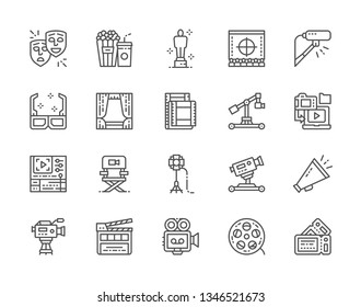 Set of Cinema Line Icons. Popcorn, Theater Masks, Movie Awards, Microphone, Film Strip, Soffit, Digital Camera, Clapper Board, Tickets and more. Pack of 48x48 Pixel Icons