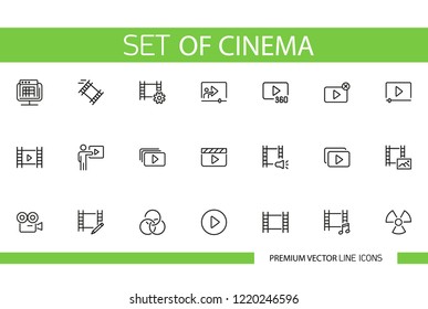 Set of cinema line icons. Reel, movie, film. Production concept. Can be used for topics like cinematography, multimedia, entertainment