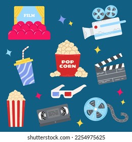 Set of cinema and movie items. Colorful stickers with camera, 3D glasses, video cassette, cine film, camera and delicious popcorn. Cartoon flat vector collection for print.