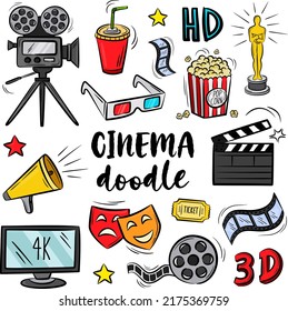 Set of cinema and movie related doodles vector illustration. Colorful cinema doodle on white background