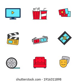 Set of cinema and movie related vector illustration isolated on white background. Linear color style of cinema icon