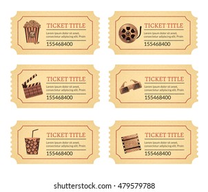 Set cinema movie tickets. Old vintage tickets labels with popcorn food and drink and other icons.