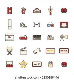 Set of Cinema movies design elements icons in flat style, Making film and watching movie icons. movie ticket, popcorn, movie sign, projector, 3d glasses, movie clapper.