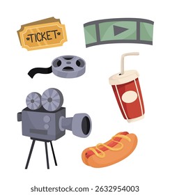 Set of cinema and movie-themed icons including ticket, film reel, video camera, soda drink, hot dog, and film strip in cartoon style on white background. Vector illustration