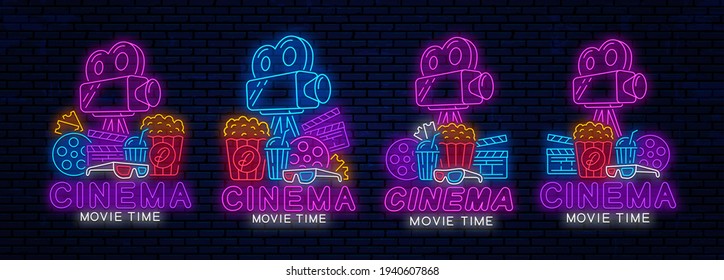 Set of cinema neon logos design. Movie time. Night glowing cinema icons and logos. Neon signboards layout collection.