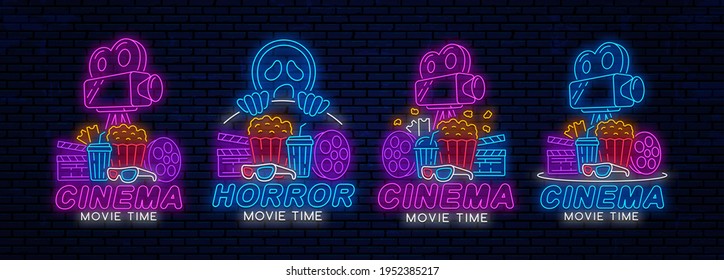 Set Of Cinema Neon Signs Or Logos. Cinema Glowing Night Banner Design Template. Neon Signboard For Movie Theater. Movie Logo.