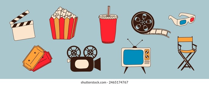 Set of cinema objects. Isolated on background. Cinema icon in flat style	