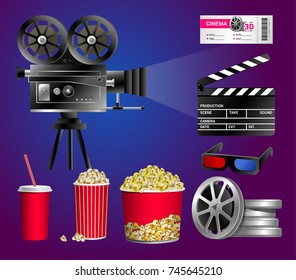 Set of cinema objects - modern vector realistic isolated clip art on blue and purple background. Popcorn box, cup for beverages with straw, film strip, ticket, clapper board, movie tape disks