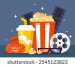 Set of cinema objects. Pop corn, soda, 3D glasses, film tape and directors clapperboard. Film industry. Movies and TV series. Fun and entertainment. Flat vector collection isolated on black background