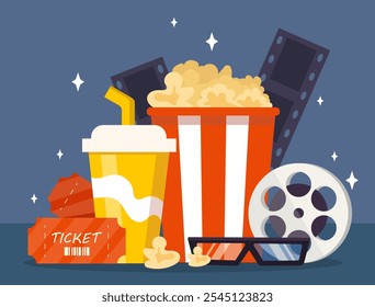 Set of cinema objects. Pop corn, soda, 3D glasses, film tape and directors clapperboard. Film industry. Movies and TV series. Fun and entertainment. Flat vector collection isolated on black background