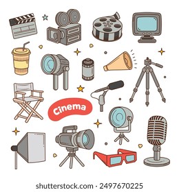 Set of Cinema outline doodle hand drawn vector illustration