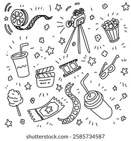 Set of Cinema outline doodle hand drawn vector illustration Camera, film clapperboard, reel, film movie sketch icons