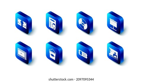 Set Cinema poster, CD or DVD disk, Projection screen, Online play video, ticket, Popcorn box,  and Stacks paper money cash icon. Vector