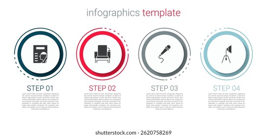 Set Cinema poster, chair, Microphone and Movie spotlight. Business infographic template. Vector
