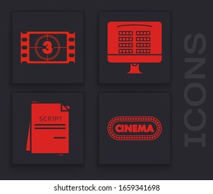 Set Cinema poster design template , Play Video , Buy cinema ticket online  and Scenario  icon. Vector