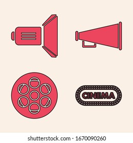 Ajuste plantilla de diseño de afiches de cine , destello de película , Megáfono e icono de carrete de película. Vector