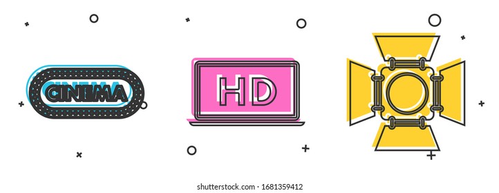 Ajuste la plantilla de diseño de afiches de cine , Pantalla de ordenador portátil con tecnología de vídeo HD e icono de reflector de película. Vector