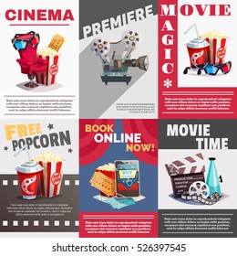 Set of cinema posters with premiere and movie time advertising decorative elements  in retro style vector illustration  