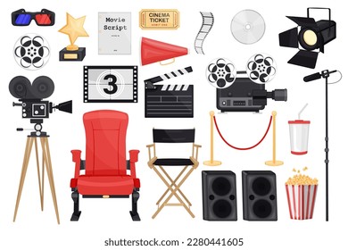 Set of cinema producer isolated on white background. Director red chair, retro movie camera with film reels, searchlight, megaphone and clapperboard. Television industry equipment. Vector illustration