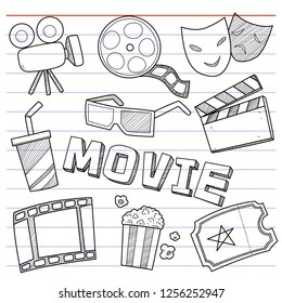 set of cinema symbol in doodle style for decoration. movie icon.