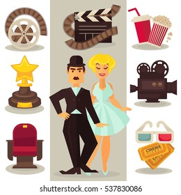 Set of cinema symbols and characters in retro style. Collection vintage media icons of film and entertainment: camera and reel, popcorn, 3d glasses and tickets, chair, clapper and star movies award.