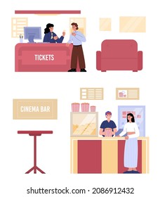 Set of cinema theater furniture and characters including ticket office and diner, flat vector illustration isolated on white background. Movie house items collection.