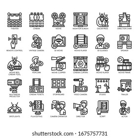 Set of cinema thin line and pixel perfect icons for any web and app project. 