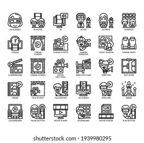 Set of cinema thin line and pixel perfect icons for any web and app project. 