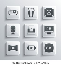 Set Cinema ticket, 8k Ultra HD, Screen tv with 4k, chair, Hd movie, tape, frame, Microphone, Movie, film, media projector and spotlight icon. Vector