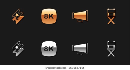 Set Cinema ticket, 8k Ultra HD, Megaphone and Director movie chair icon. Vector