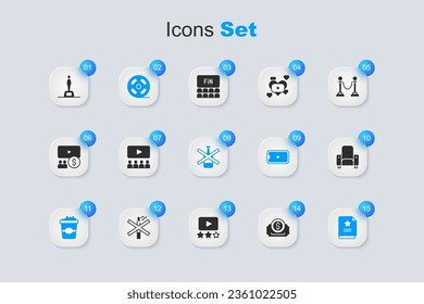 Set Cinema ticket, auditorium with screen, Film reel, Popcorn cardboard box, Scenario, chair, Movie trophy and No alcohol icon. Vector