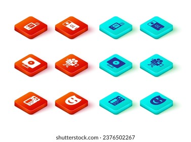 Set Cinema ticket, Comedy theatrical mask, Online play video, Retro cinema camera, Photo and shooting and Light meter icon. Vector