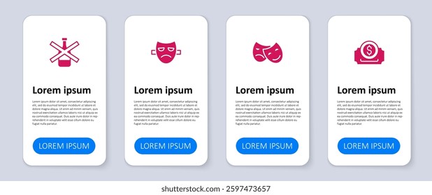 Set Cinema ticket, Comedy and tragedy masks, Drama theatrical and No alcohol. Business infographic template. Vector